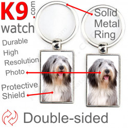 Double-sided metal key ring with photo Old English Sheepdog, metal key ring gift idea; double faced key holder metallic Bobtail