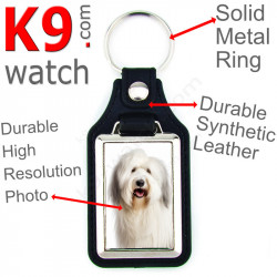 Vegan leather key ring and metal holder, with the photo of your Old English Sheepdog, key ring gift idea Bobtail