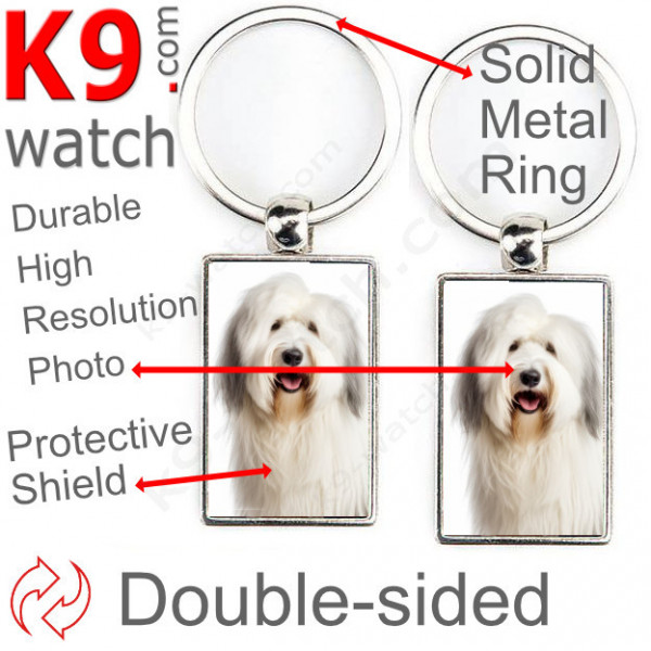 Double-sided metal key ring with photo Old English Sheepdog, metal key ring gift idea; double faced key holder metallic Bobtail