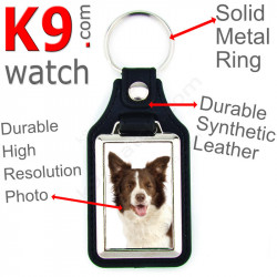 Vegan leather key ring and metal holder, with the photo of your Chocolate Brown Long Hair Border Collie, key ring gift idea
