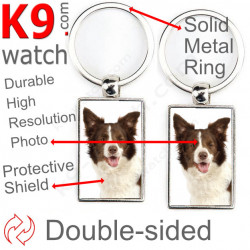 Double-sided metal key ring with photo Chocolate Brown and White Long Hair Border Collie, metal key ring gift idea; double faced