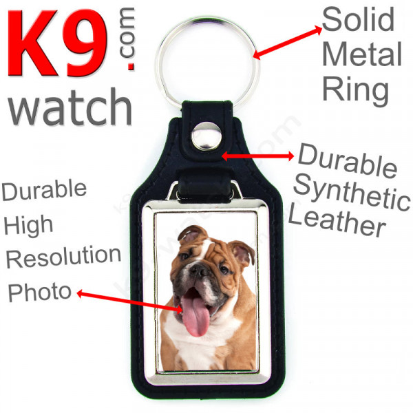 Vegan leather key ring and metal holder, with the photo of your Fawn & White English Bulldog, key ring gift idea