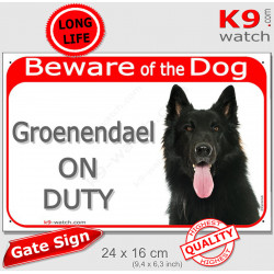 Red Portal Sign "Beware of the Dog, Groenendael Belgian Shepherd on duty" 24 cm, gate plate photo notice, panel placard Belgium 